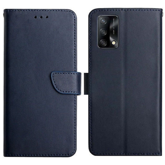 Wallet Phone Flip Shell For Oppo A74 4G/Oppo F19 Shockproof Nappa Texture Solid Color Stand Genuine Leather Mobile Phone Cover - Blue