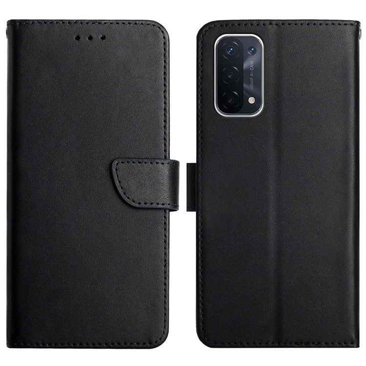 Scratch-resistant Nappa Texture Solid Color Horizontal Stand Wallet Case Genuine Leather + Soft TPU Inner Shell for Oppo A54 5G/A74 5G/A93 5G - Black