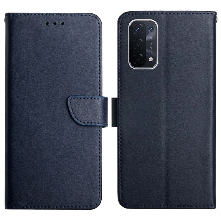 Scratch-resistant Nappa Texture Solid Color Horizontal Stand Wallet Case Genuine Leather + Soft TPU Inner Shell for Oppo A54 5G/A74 5G/A93 5G - Blue