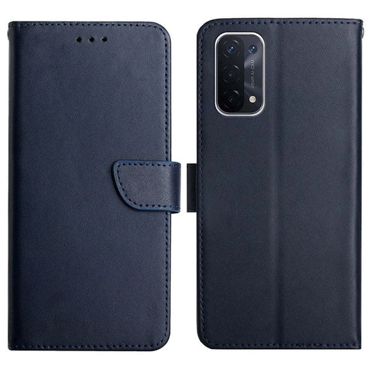 Scratch-resistant Nappa Texture Solid Color Horizontal Stand Wallet Case Genuine Leather + Soft TPU Inner Shell for Oppo A54 5G/A74 5G/A93 5G - Blue