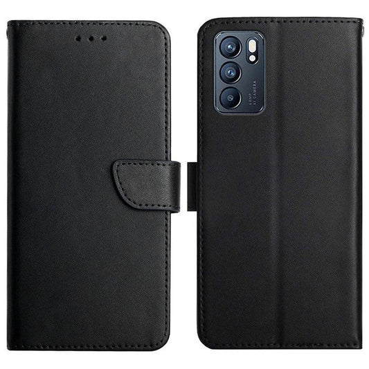 Nappa Texture Genuine Leather Outer Cover + Soft TPU Inner Shell Solid Color Stand Wallet Case for Oppo Reno6 5G - Black