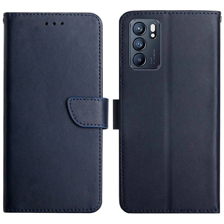Nappa Texture Genuine Leather Outer Cover + Soft TPU Inner Shell Solid Color Stand Wallet Case for Oppo Reno6 5G - Blue