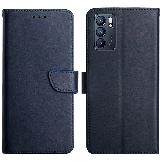 Nappa Texture Genuine Leather Outer Cover + Soft TPU Inner Shell Solid Color Stand Wallet Case for Oppo Reno6 5G - Blue