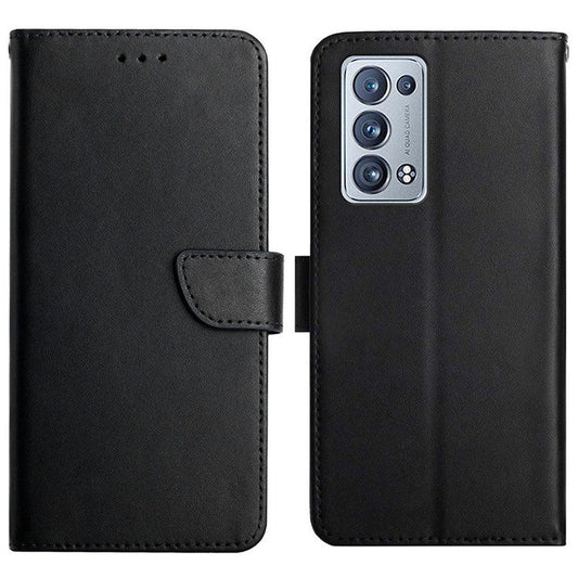 Solid Color Nappa Texture Genuine Leather Outer Cover + Soft TPU Inner Shell with Stand Wallet for Oppo Reno6 Pro+ 5G - Black