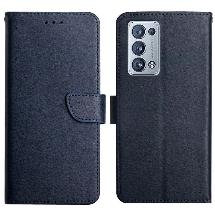 Solid Color Nappa Texture Genuine Leather Outer Cover + Soft TPU Inner Shell with Stand Wallet for Oppo Reno6 Pro+ 5G - Blue