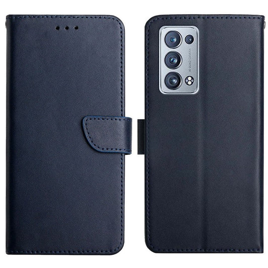 Solid Color Nappa Texture Genuine Leather Outer Cover + Soft TPU Inner Shell with Stand Wallet for Oppo Reno6 Pro+ 5G - Blue