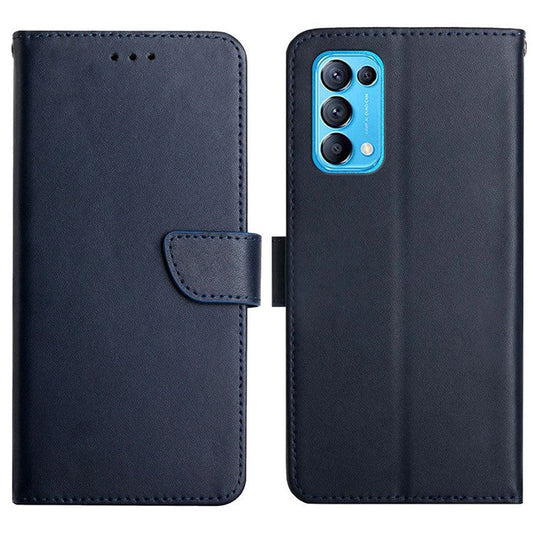 Solid Color Genuine Leather Nappa Texture Case Magnetic Closure Shockproof Wallet Folio Flip Protective Phone Cover with Stand for Oppo Reno5 4G/5G/Reno5 K/Find X3 Lite - Blue
