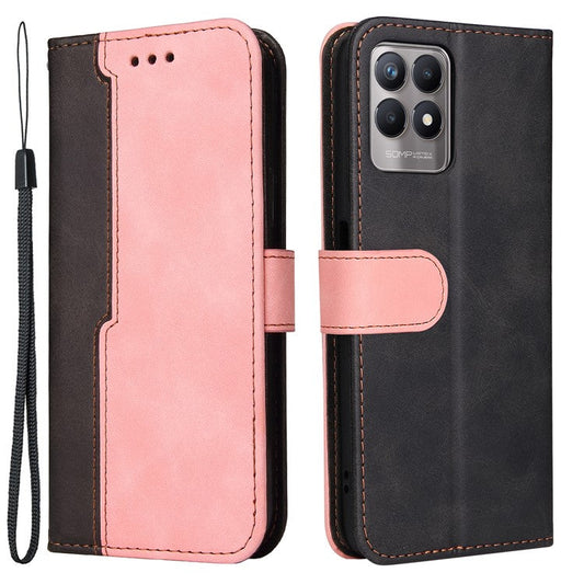 All-round Protection Business Style Splicing Dual-color Anti-fall Stand Wallet Design Phone Shell for Realme 8i/Narzo 50 4G - Pink