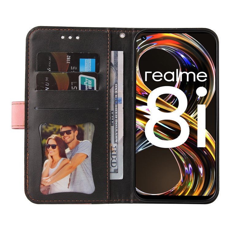 All-round Protection Business Style Splicing Dual-color Anti-fall Stand Wallet Design Phone Shell for Realme 8i/Narzo 50 4G - Pink