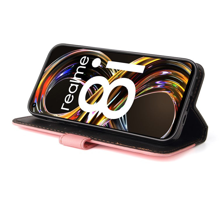 All-round Protection Business Style Splicing Dual-color Anti-fall Stand Wallet Design Phone Shell for Realme 8i/Narzo 50 4G - Pink
