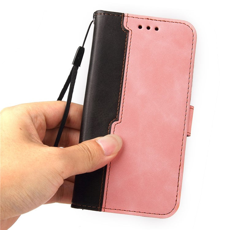 All-round Protection Business Style Splicing Dual-color Anti-fall Stand Wallet Design Phone Shell for Realme 8i/Narzo 50 4G - Pink