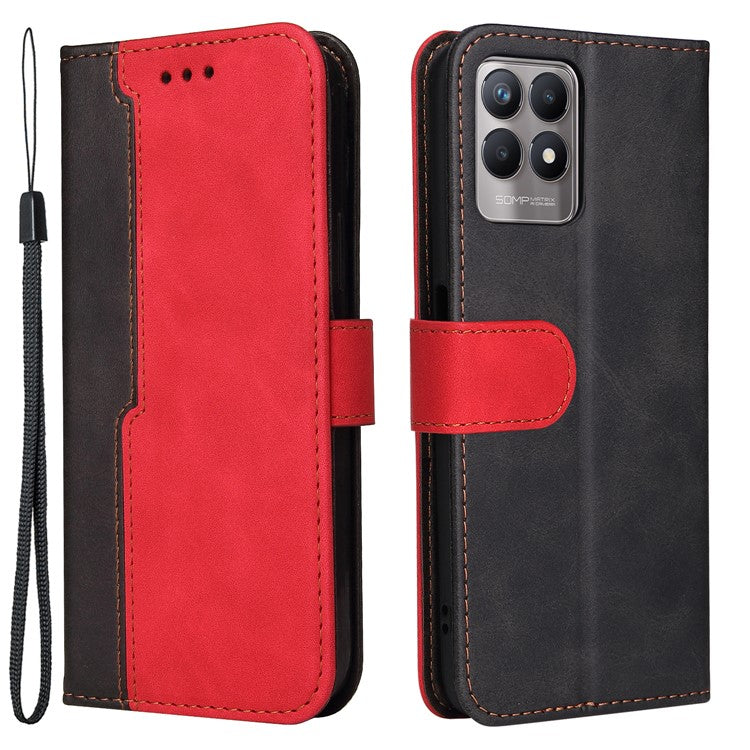 All-round Protection Business Style Splicing Dual-color Anti-fall Stand Wallet Design Phone Shell for Realme 8i/Narzo 50 4G - Red
