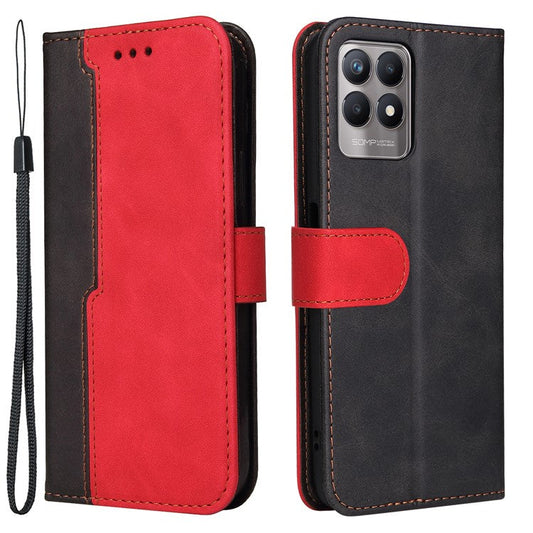 All-round Protection Business Style Splicing Dual-color Anti-fall Stand Wallet Design Phone Shell for Realme 8i/Narzo 50 4G - Red