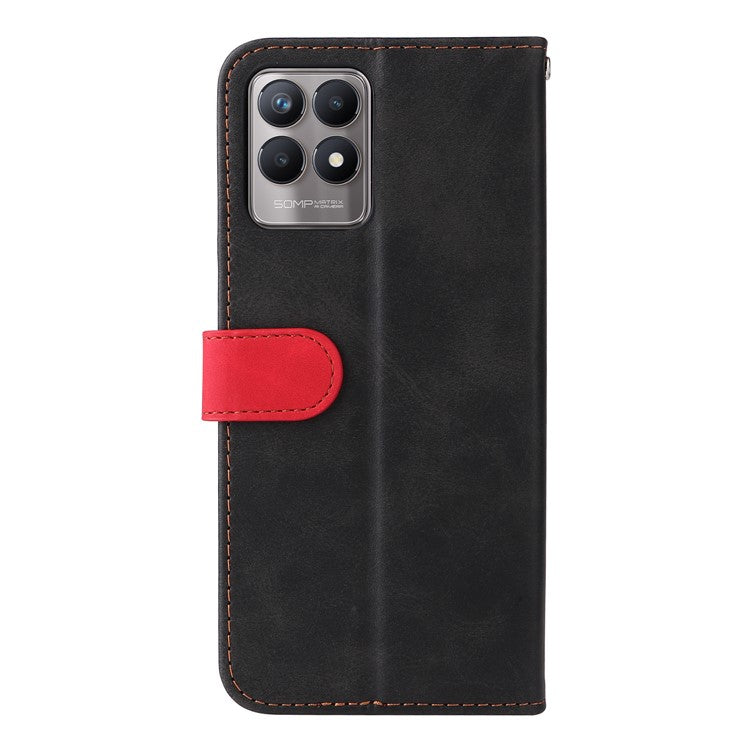 All-round Protection Business Style Splicing Dual-color Anti-fall Stand Wallet Design Phone Shell for Realme 8i/Narzo 50 4G - Red