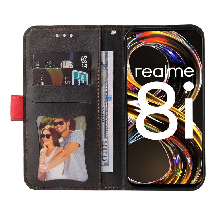 All-round Protection Business Style Splicing Dual-color Anti-fall Stand Wallet Design Phone Shell for Realme 8i/Narzo 50 4G - Red