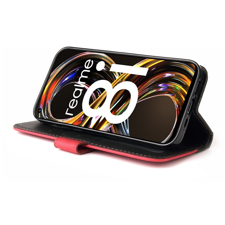 All-round Protection Business Style Splicing Dual-color Anti-fall Stand Wallet Design Phone Shell for Realme 8i/Narzo 50 4G - Red