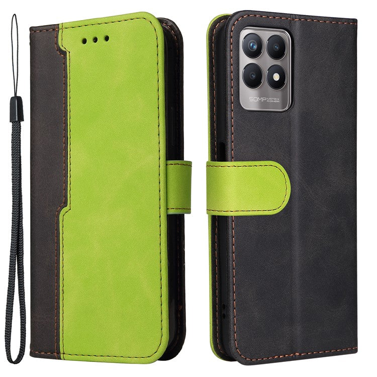 All-round Protection Business Style Splicing Dual-color Anti-fall Stand Wallet Design Phone Shell for Realme 8i/Narzo 50 4G - Green
