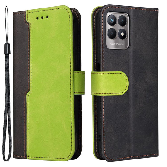 All-round Protection Business Style Splicing Dual-color Anti-fall Stand Wallet Design Phone Shell for Realme 8i/Narzo 50 4G - Green