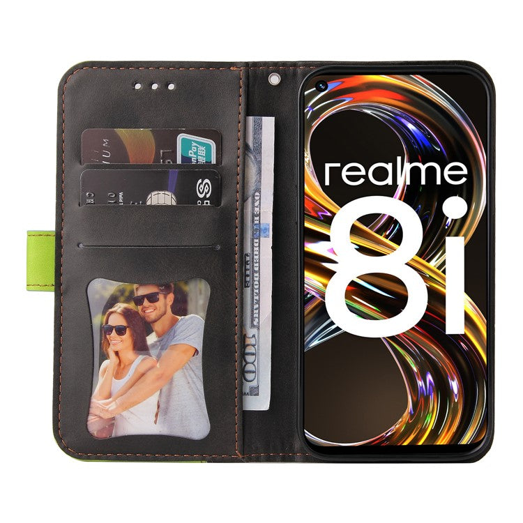 All-round Protection Business Style Splicing Dual-color Anti-fall Stand Wallet Design Phone Shell for Realme 8i/Narzo 50 4G - Green