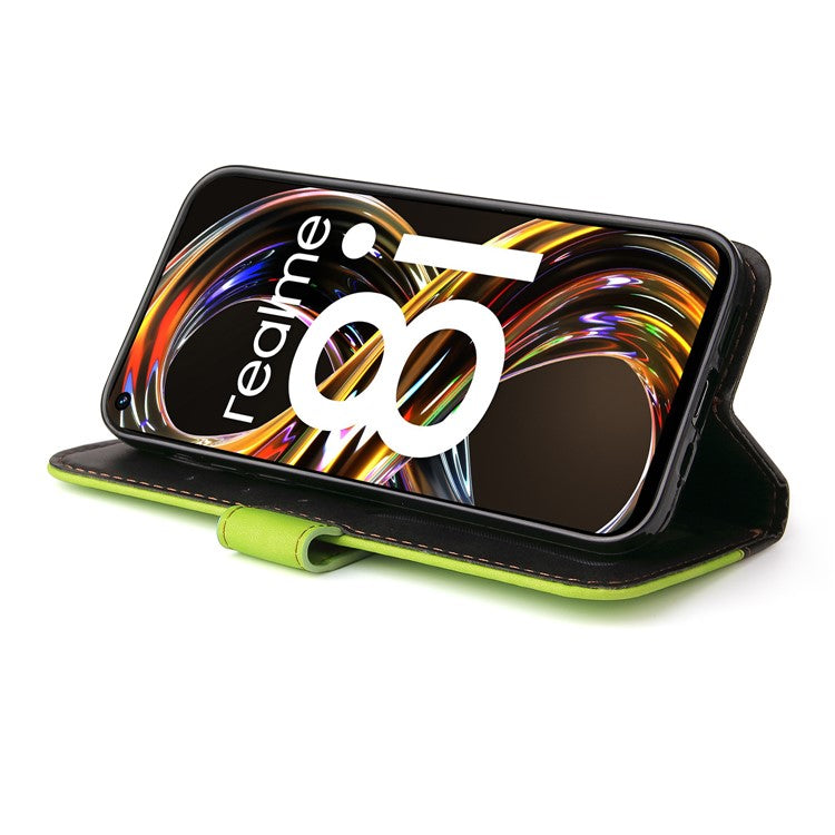 All-round Protection Business Style Splicing Dual-color Anti-fall Stand Wallet Design Phone Shell for Realme 8i/Narzo 50 4G - Green
