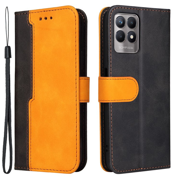 All-round Protection Business Style Splicing Dual-color Anti-fall Stand Wallet Design Phone Shell for Realme 8i/Narzo 50 4G - Orange