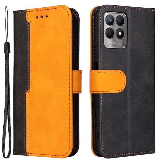 All-round Protection Business Style Splicing Dual-color Anti-fall Stand Wallet Design Phone Shell for Realme 8i/Narzo 50 4G - Orange