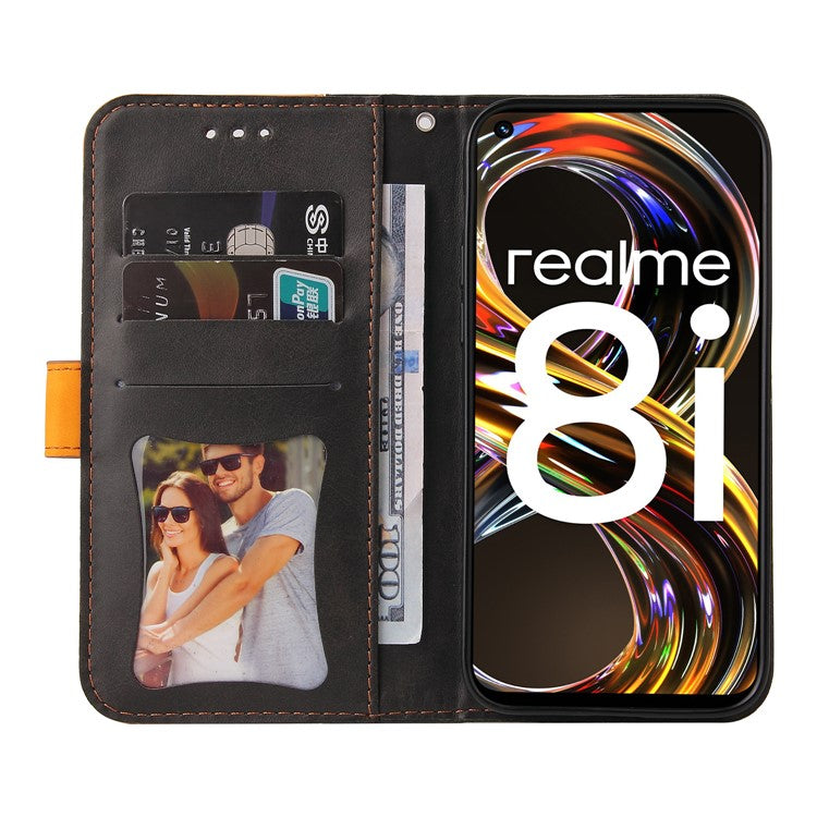 All-round Protection Business Style Splicing Dual-color Anti-fall Stand Wallet Design Phone Shell for Realme 8i/Narzo 50 4G - Orange