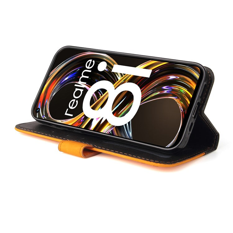 All-round Protection Business Style Splicing Dual-color Anti-fall Stand Wallet Design Phone Shell for Realme 8i/Narzo 50 4G - Orange