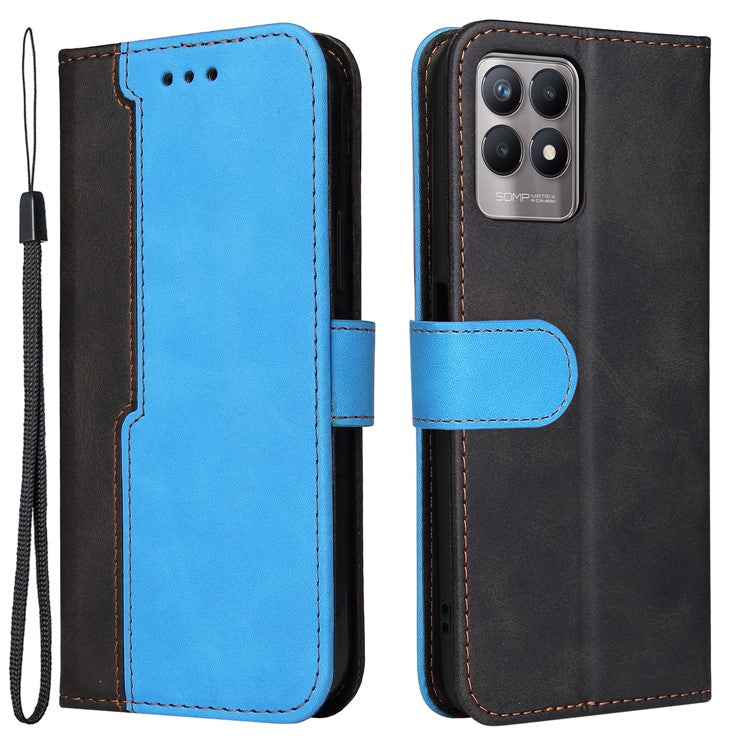 All-round Protection Business Style Splicing Dual-color Anti-fall Stand Wallet Design Phone Shell for Realme 8i/Narzo 50 4G - Blue