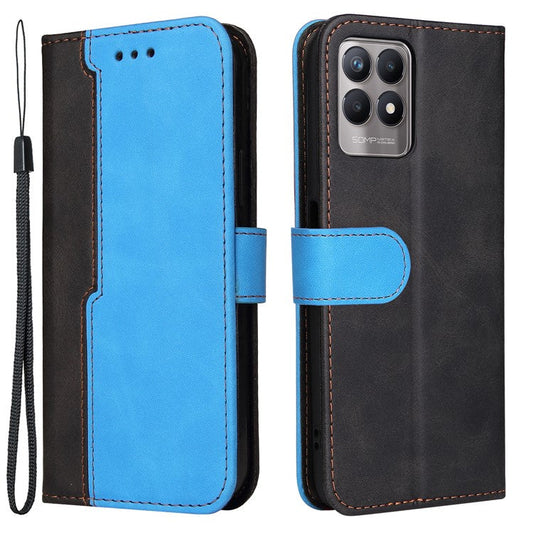 All-round Protection Business Style Splicing Dual-color Anti-fall Stand Wallet Design Phone Shell for Realme 8i/Narzo 50 4G - Blue
