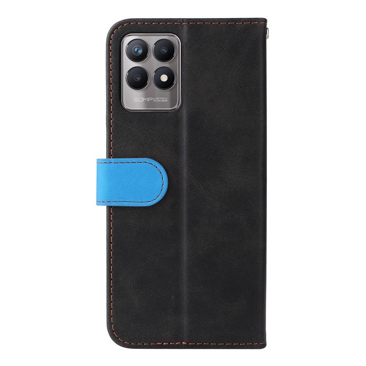 All-round Protection Business Style Splicing Dual-color Anti-fall Stand Wallet Design Phone Shell for Realme 8i/Narzo 50 4G - Blue