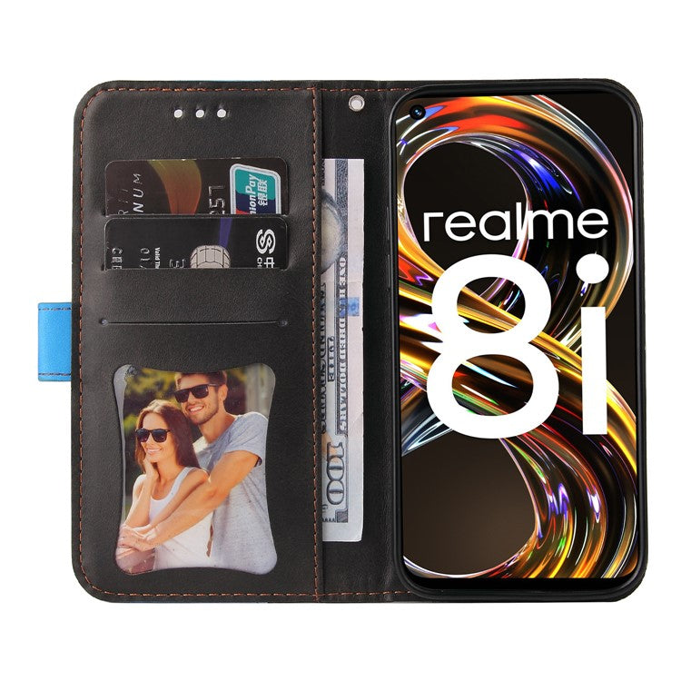 All-round Protection Business Style Splicing Dual-color Anti-fall Stand Wallet Design Phone Shell for Realme 8i/Narzo 50 4G - Blue