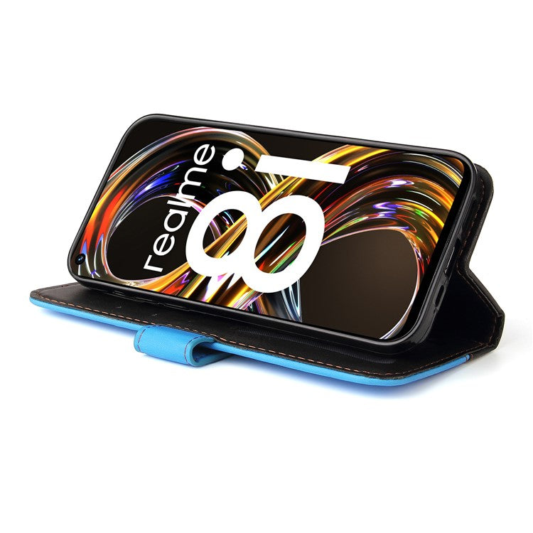 All-round Protection Business Style Splicing Dual-color Anti-fall Stand Wallet Design Phone Shell for Realme 8i/Narzo 50 4G - Blue
