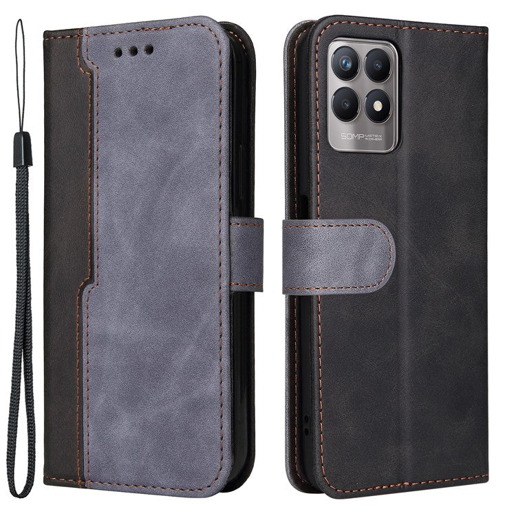 All-round Protection Business Style Splicing Dual-color Anti-fall Stand Wallet Design Phone Shell for Realme 8i/Narzo 50 4G - Grey