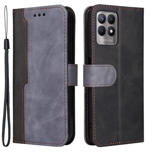 All-round Protection Business Style Splicing Dual-color Anti-fall Stand Wallet Design Phone Shell for Realme 8i/Narzo 50 4G - Grey