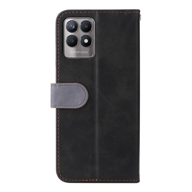 All-round Protection Business Style Splicing Dual-color Anti-fall Stand Wallet Design Phone Shell for Realme 8i/Narzo 50 4G - Grey