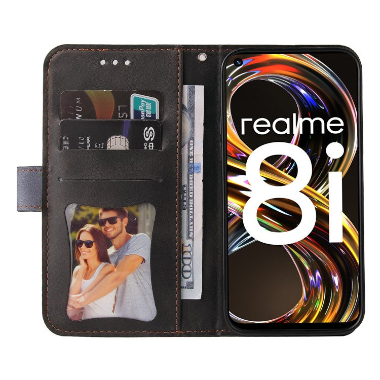 All-round Protection Business Style Splicing Dual-color Anti-fall Stand Wallet Design Phone Shell for Realme 8i/Narzo 50 4G - Grey