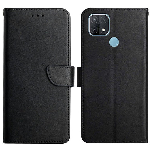 Solid Color Shockproof Nappa Texture Genuine Leather Outer Cover + Soft TPU Inner Shell with Stand Wallet for Oppo A15/A15s - Black