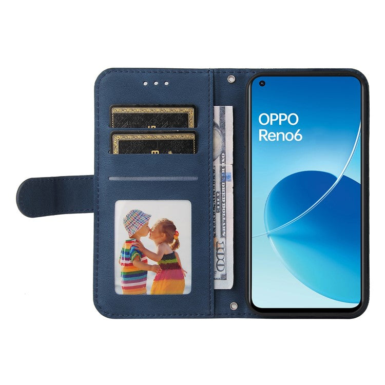 Supporting Stand Retro Tree Pattern Metal Button Decor Wallet PU Leather Phone Case Cover for Oppo Reno6 4G - Blue