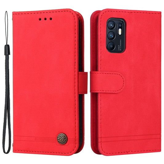 Supporting Stand Retro Tree Pattern Metal Button Decor Wallet PU Leather Phone Case Cover for Oppo Reno6 4G - Red
