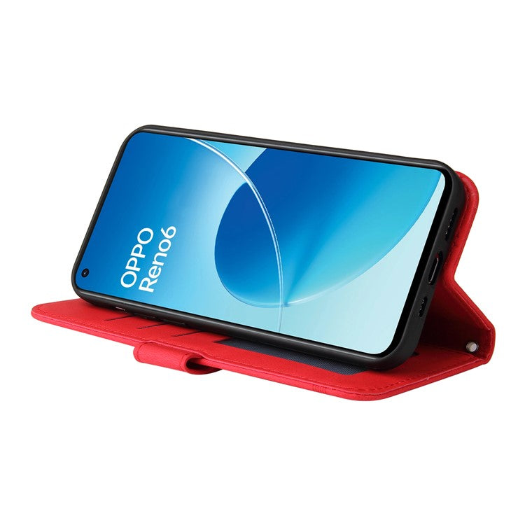 Supporting Stand Retro Tree Pattern Metal Button Decor Wallet PU Leather Phone Case Cover for Oppo Reno6 4G - Red