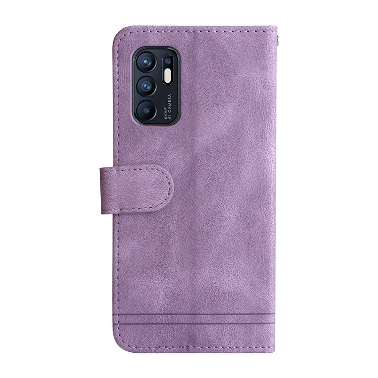 Supporting Stand Retro Tree Pattern Metal Button Decor Wallet PU Leather Phone Case Cover for Oppo Reno6 4G - Purple