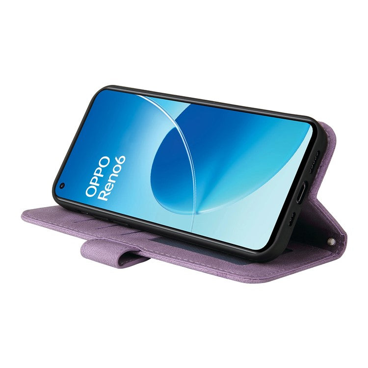 Supporting Stand Retro Tree Pattern Metal Button Decor Wallet PU Leather Phone Case Cover for Oppo Reno6 4G - Purple