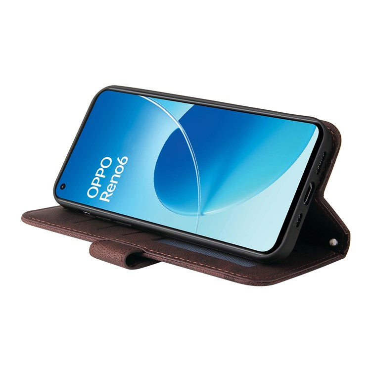 Supporting Stand Retro Tree Pattern Metal Button Decor Wallet PU Leather Phone Case Cover for Oppo Reno6 4G - Brown