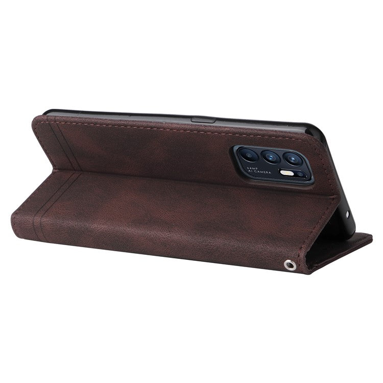 Supporting Stand Retro Tree Pattern Metal Button Decor Wallet PU Leather Phone Case Cover for Oppo Reno6 4G - Brown