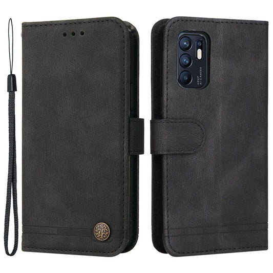 Supporting Stand Retro Tree Pattern Metal Button Decor Wallet PU Leather Phone Case Cover for Oppo Reno6 4G - Black