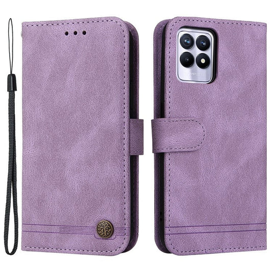 Card Slots Phone Flip Case Retro Tree Pattern Metal Button Decor Stand Wallet PU Leather+TPU Cover for Realme 8i/Narzo 50 4G - Purple