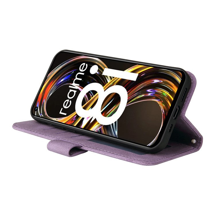 Card Slots Phone Flip Case Retro Tree Pattern Metal Button Decor Stand Wallet PU Leather+TPU Cover for Realme 8i/Narzo 50 4G - Purple