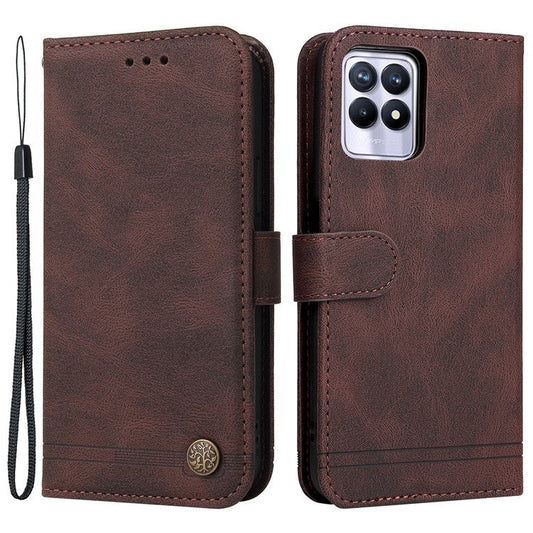 Card Slots Phone Flip Case Retro Tree Pattern Metal Button Decor Stand Wallet PU Leather+TPU Cover for Realme 8i/Narzo 50 4G - Brown