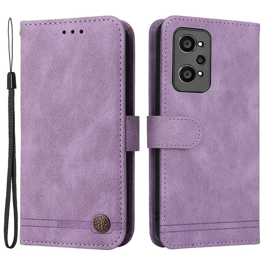 Retro Tree Pattern Metal Button Decor Stand Wallet PU Leather Phone Case Cover for Realme GT Neo2 5G/GT Neo 3T 5G - Purple